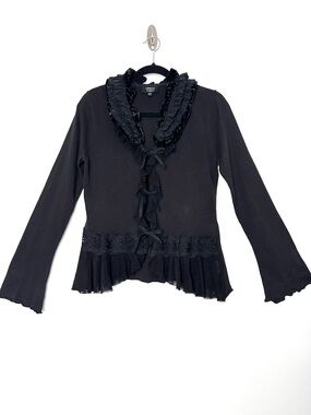 Y2K Whimsigoth Black Velvet Ruffle Lace Tie Cardigan Witchy Vampirecore Baddie